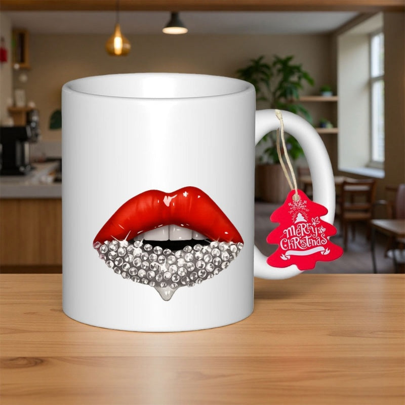 Tailorly White Ceramic 11 oz Mug - Merry Christmas Vibrant Red Glossy Shimmering With Elegant Sparkling Diamonds Lips