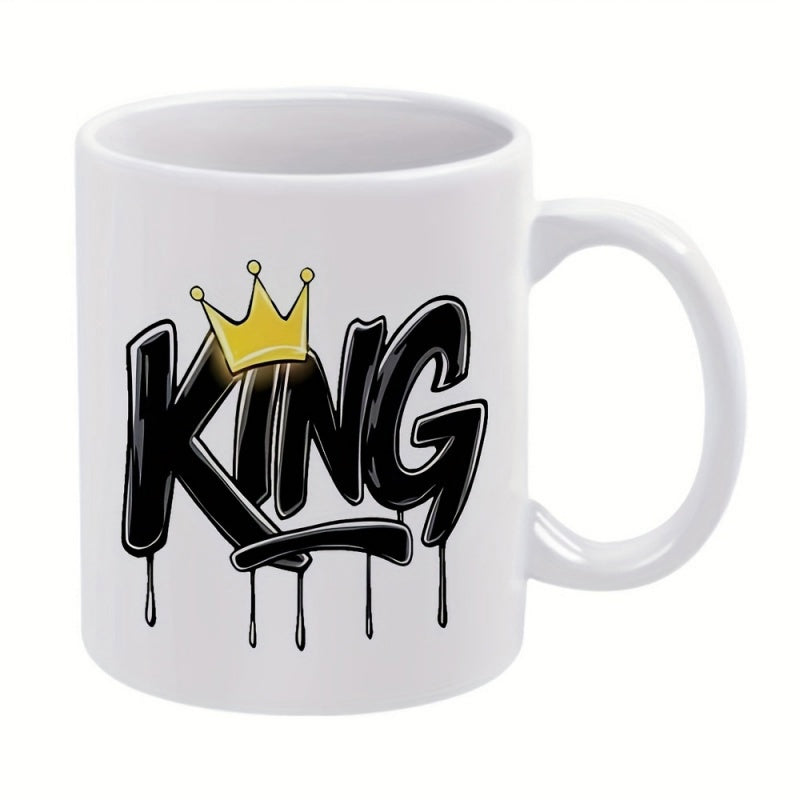 Tailorly White Ceramic 11 oz Mug - King Stylized Black Graffiti Letters With Paint Drips And Gold Crown