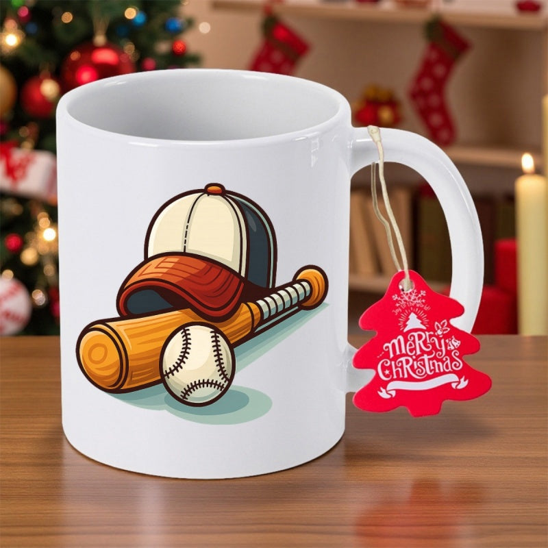 Tailorly White Ceramic 11 oz Mug - Merry Christmas Classic Sporting Gear Featuring A Wooden Bat And Traditional Cap With Baseball