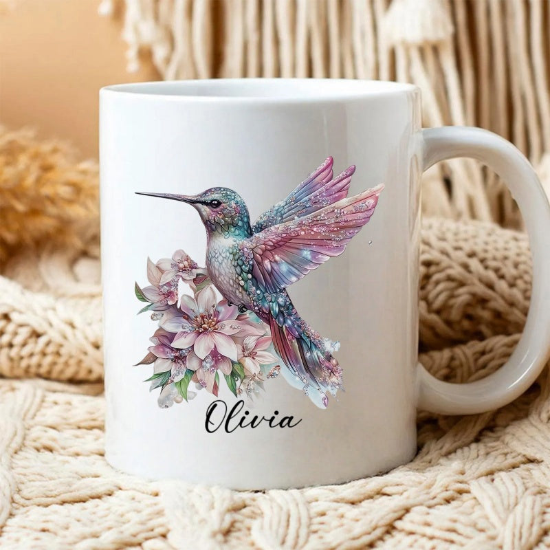 Tailorly White Ceramic 11 oz Mug - Olivia Graceful Watercolor Bird Flying Near Soft Pink Blooming Flowers Hummingbird