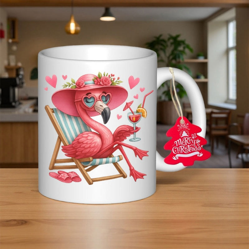 Tailorly White Ceramic 11 oz Mug - Merry Christmas Pink Bird Wearing A Sun Hat Relaxing On A Beach Chair Flamingo