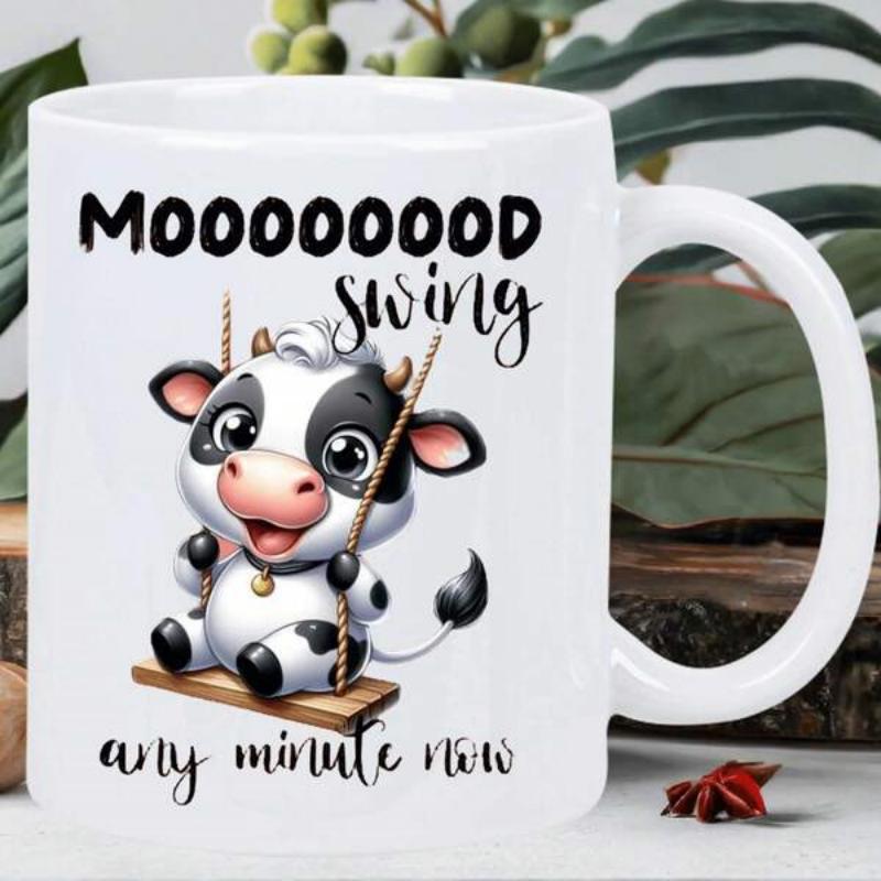 Tailorly White Ceramic 11 oz Mug - Mooooooood Swing Any Minute Now Adorable Spotted Cow Resting On A Small Wooden Swing Cow