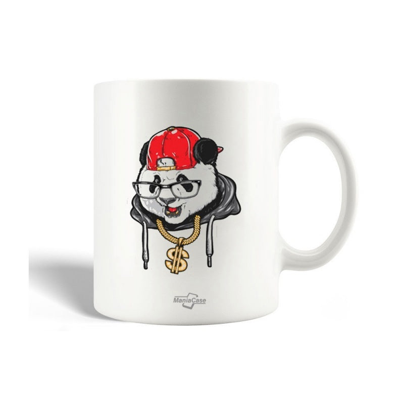 Tailorly White Ceramic 11 oz Mug - Cool Street Style Wearing Red Hat And Glasses Hip Hop Panda