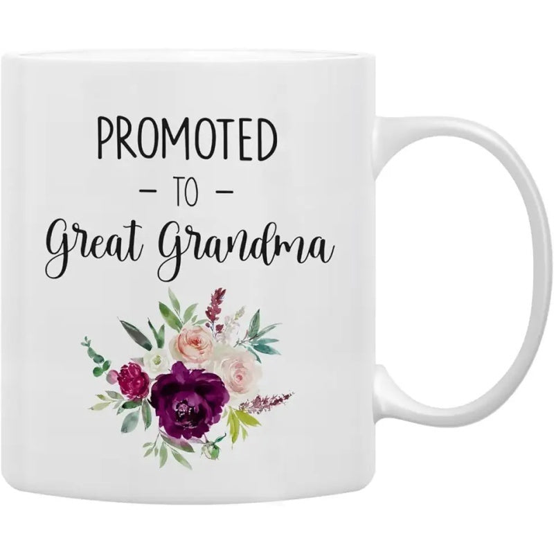 Tailorly White Ceramic 11 oz Mug - Promoted To Great Grandma Elegant Watercolor Floral Bouquet With Purple And Pink Blossoms And Green Foliage Mug