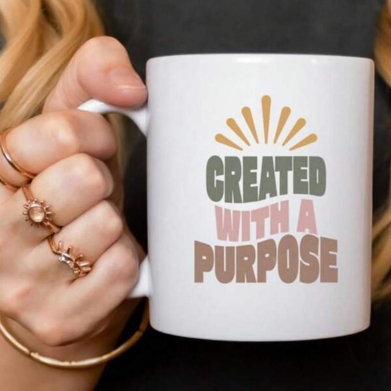 Tailorly White Ceramic 11 oz Mug - Created With A Purpose Radiant Rays Rising Above Stylized Colorful Retro Art Lettering Sunburst