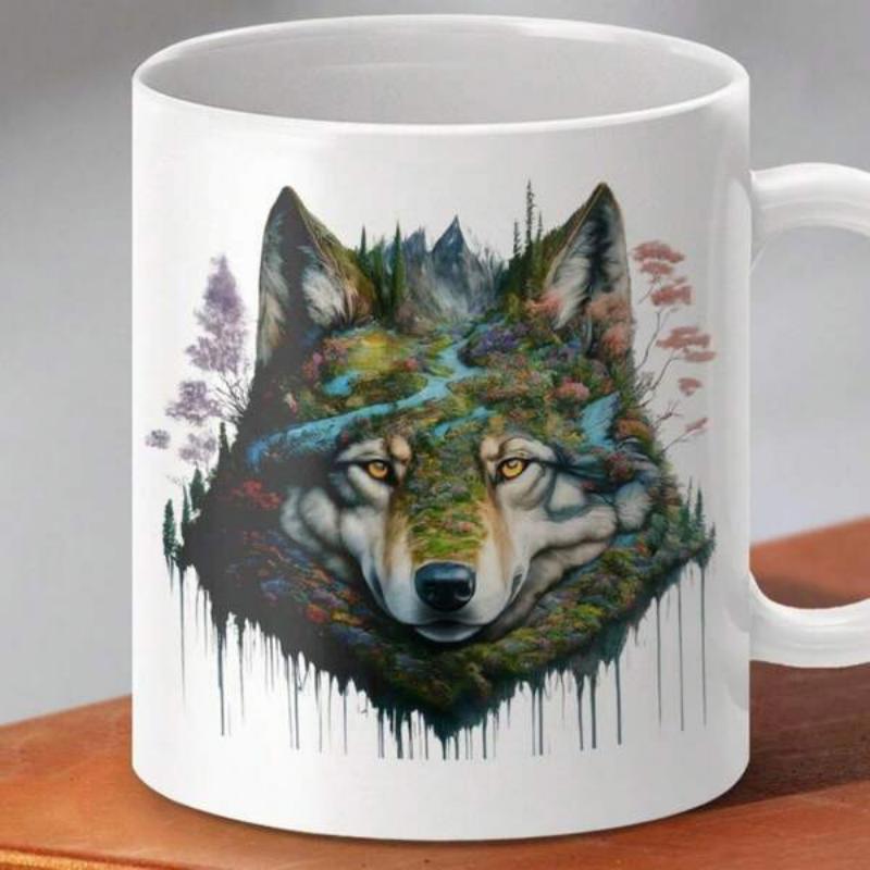 Tailorly White Ceramic 11 oz Mug - Majestic Wilderness Forest And Mountains Inside Double Exposure Artistic Portrait Wolf