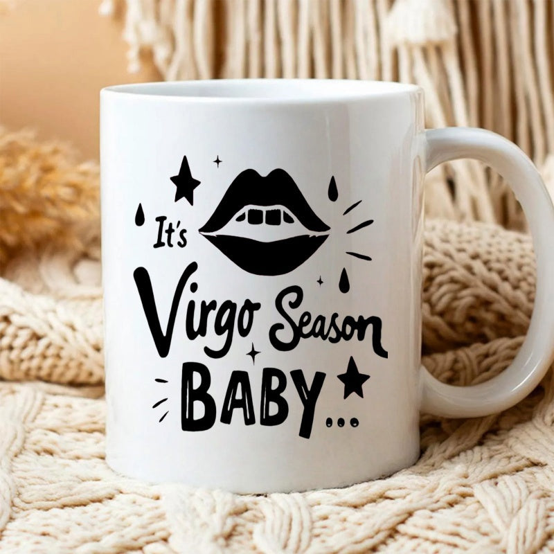 Tailorly White Ceramic 11 oz Mug - Its Virgo Season Baby Black Artistic Lips Among Shining Stars And Floating Droplets Lips