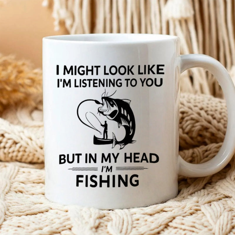 Tailorly White Ceramic 11 oz Mug - I Might Look Like Im Listening To You But In My Head Im Fishing Majestic Jumping Bass Silhouette With A Tiny Fisherman In A Boat