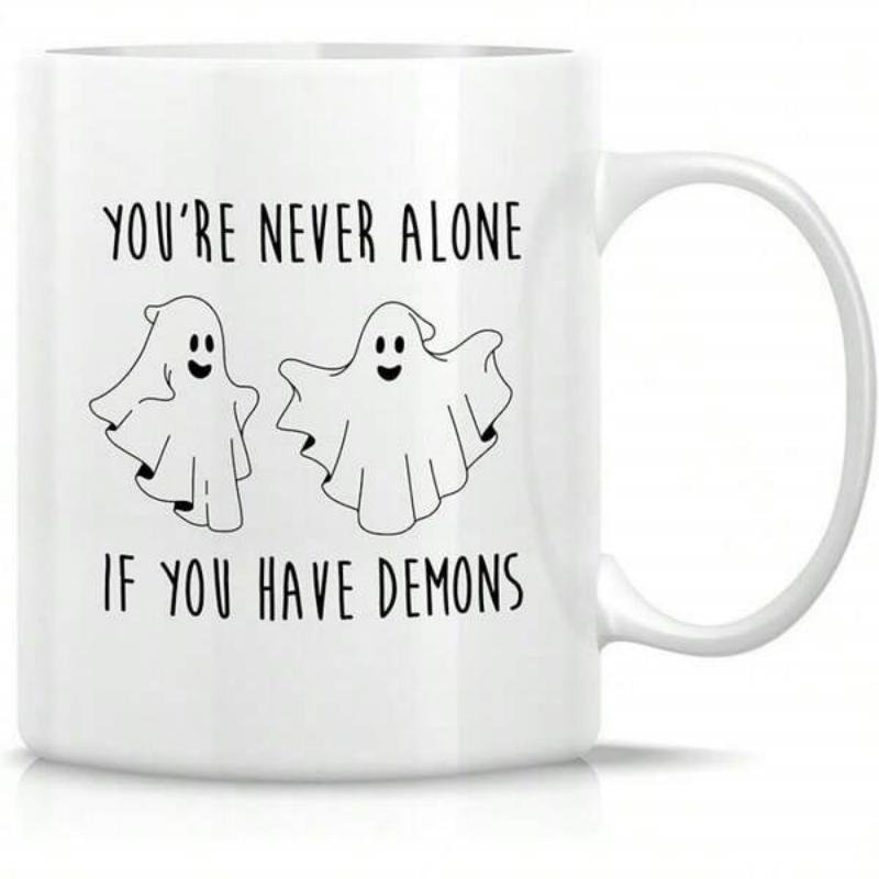 Tailorly White Ceramic 11 oz Mug - Youre Never Alone If You Have Demons Minimalist Line Drawing Of Two Friendly Spirits Hovering In Open Space Ghost