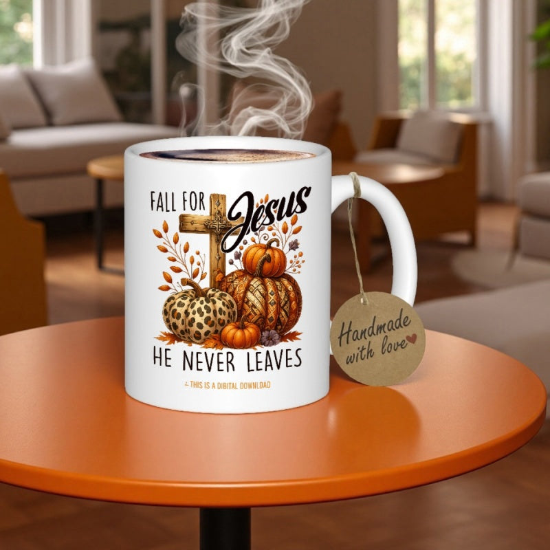 Tailorly White Ceramic 11 oz Mug - Fall For Jesus He Never Leaves Rustic Wooden Cross Surrounded By Fallen Autumn Leaves And Decorative Pumpkin