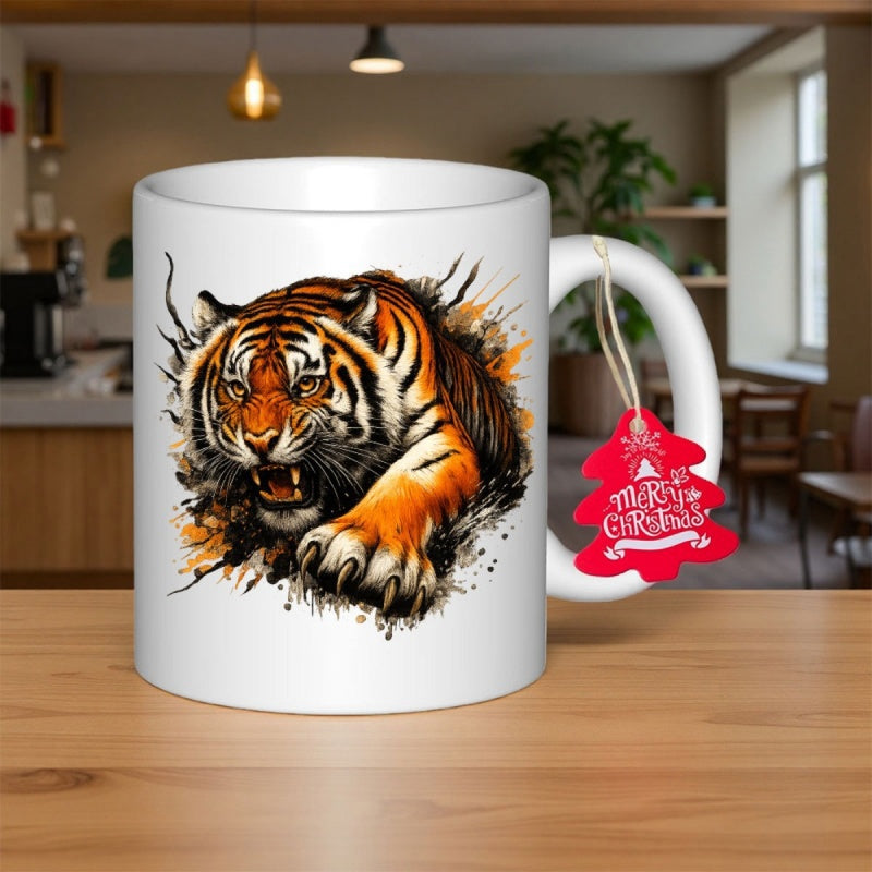 Tailorly White Ceramic 11 oz Mug - Powerful Ferocious Majestic Wild Animal Emerging From A Splatter Background Tiger