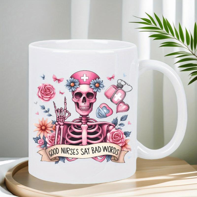 Tailorly White Ceramic 11 oz Mug - Good Nurses Say Bad Words Pink Figure Wearing Nurse Cap Surrounded By Radiant Roses And Flowers Skeleton