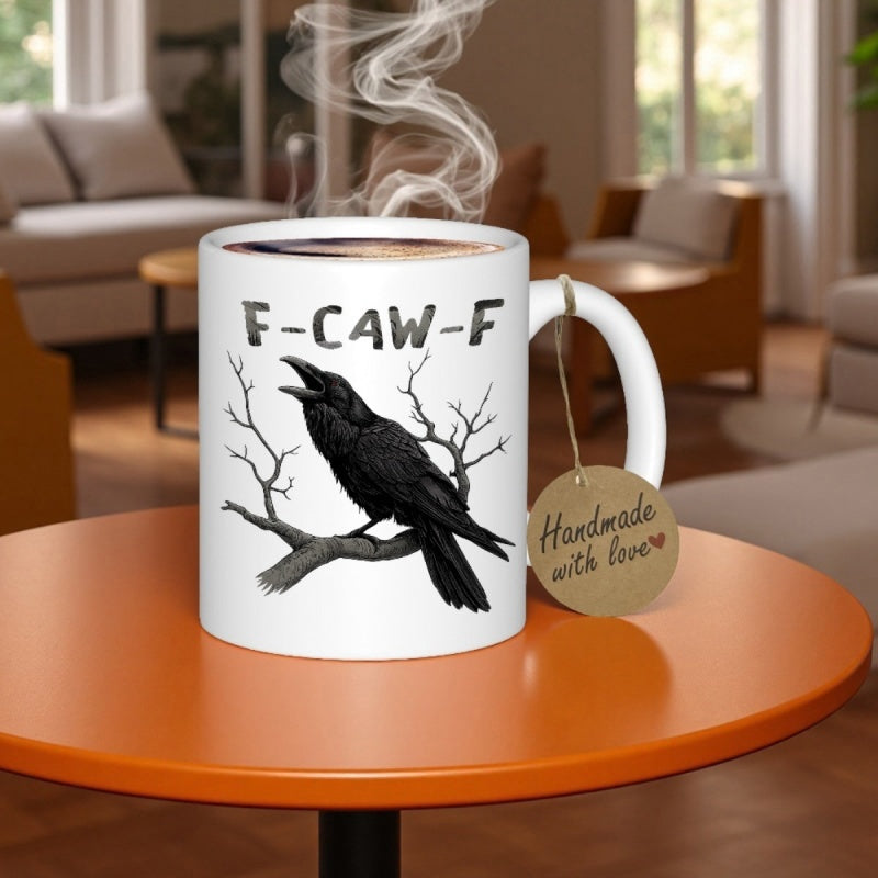 Tailorly White Ceramic 11 oz Mug - F Caw F Majestic Black Raven Perching On Bare Winter Tree Branch Striking Silhouette Raven