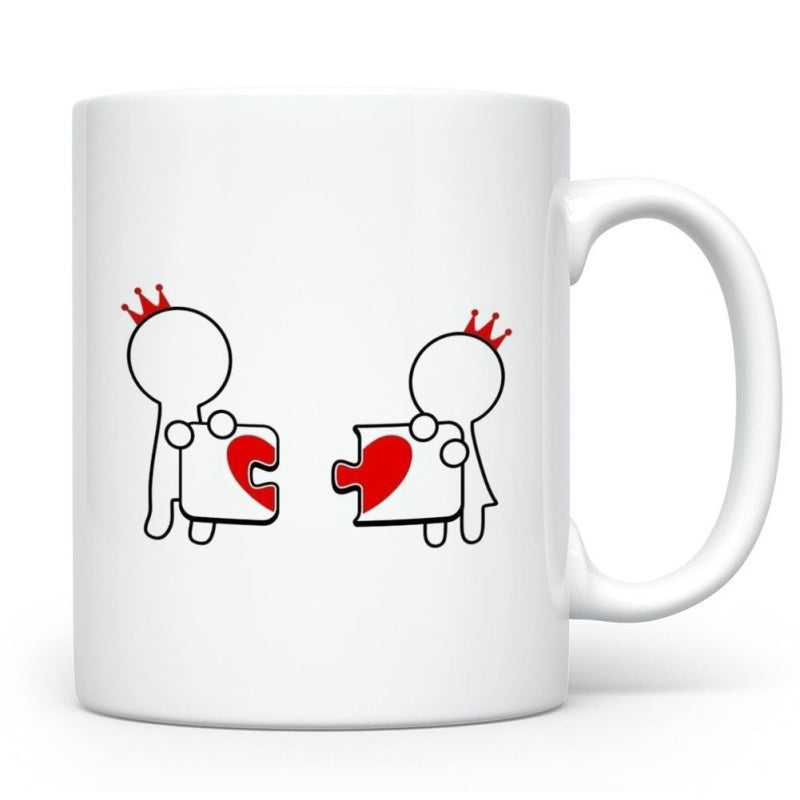 Tailorly White Ceramic 11 oz Mug - Two Minimalist Stick Figures Wearing Red Crowns Holding Heart Shaped Puzzle Pieces Couple