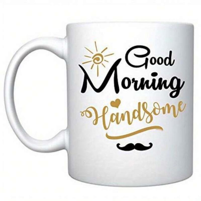 Tailorly White Ceramic 11 oz Mug - Good Morning Handsome Stylish Golden Sun And Heart Above A Classic Black Curled Moustache Mug