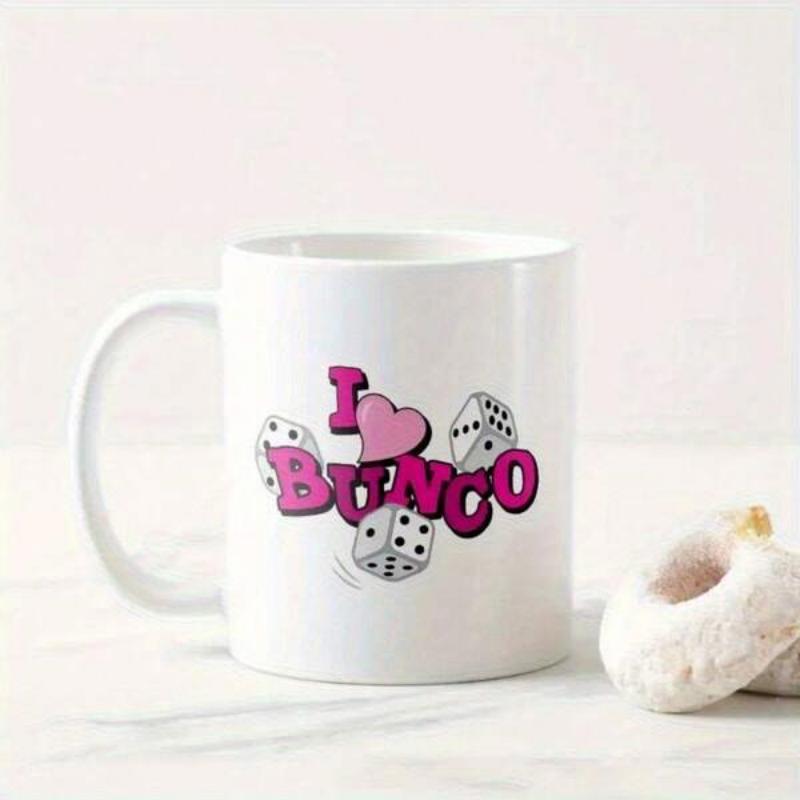 Tailorly White Ceramic 11 oz Mug - I Love Bunco Playful Pink Heart And Scattered Gaming White Traditional Square Dice