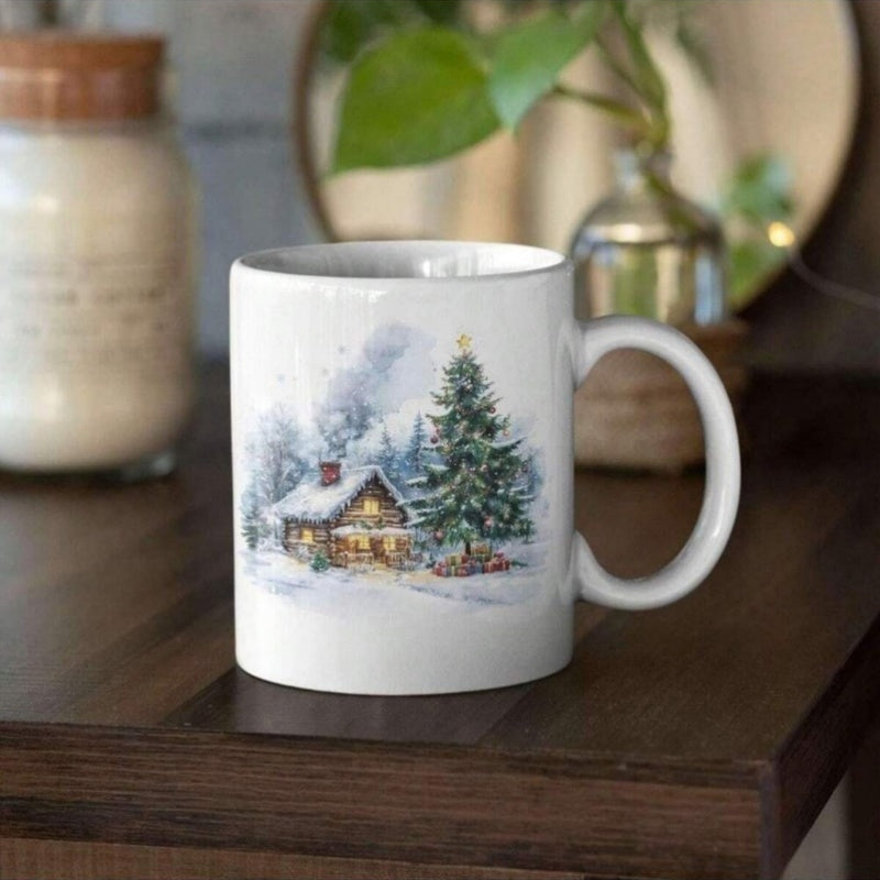 Tailorly White Ceramic 11 oz Mug - Watercolor Winter Forest Covered In Snow With A Glowing Christmas Tree Cabin