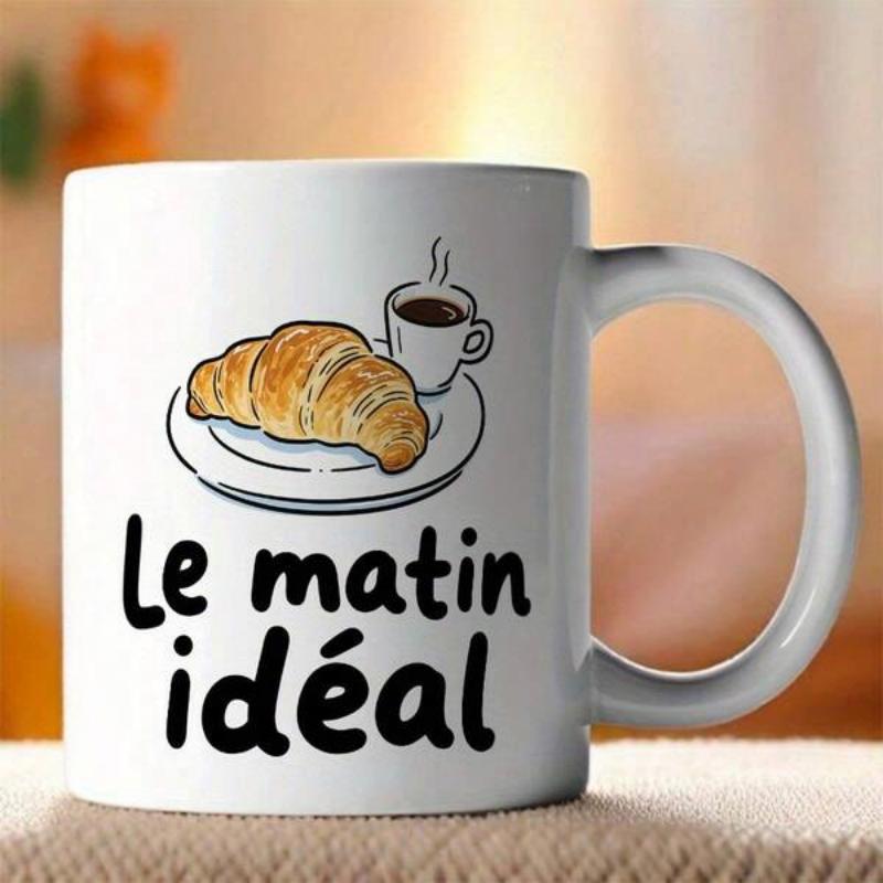 Tailorly White Ceramic 11 oz Mug - Golden Fresh Flaky Pastry Resting On Plate Beside Steaming Hot Coffee Croissant