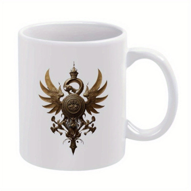 Tailorly White Ceramic 11 oz Mug - Intricate Bronze Metallic Wings With Crown And Shield Heraldic Design Crest