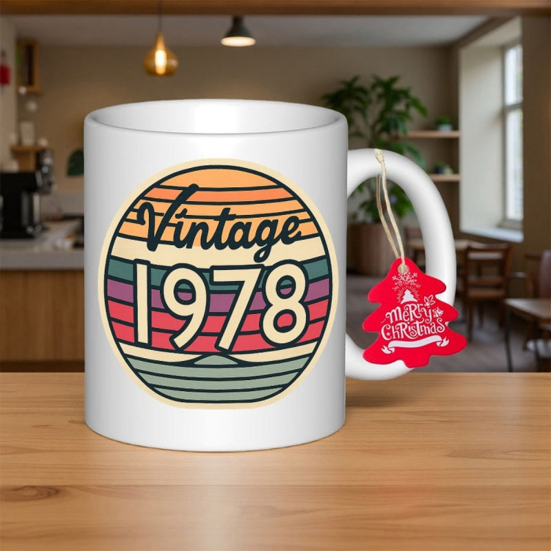 Tailorly White Ceramic 11 oz Mug - Vintage 1978 Colorful Retro Sun With Horizontal Stripes Inside A Circular Frame Sunset