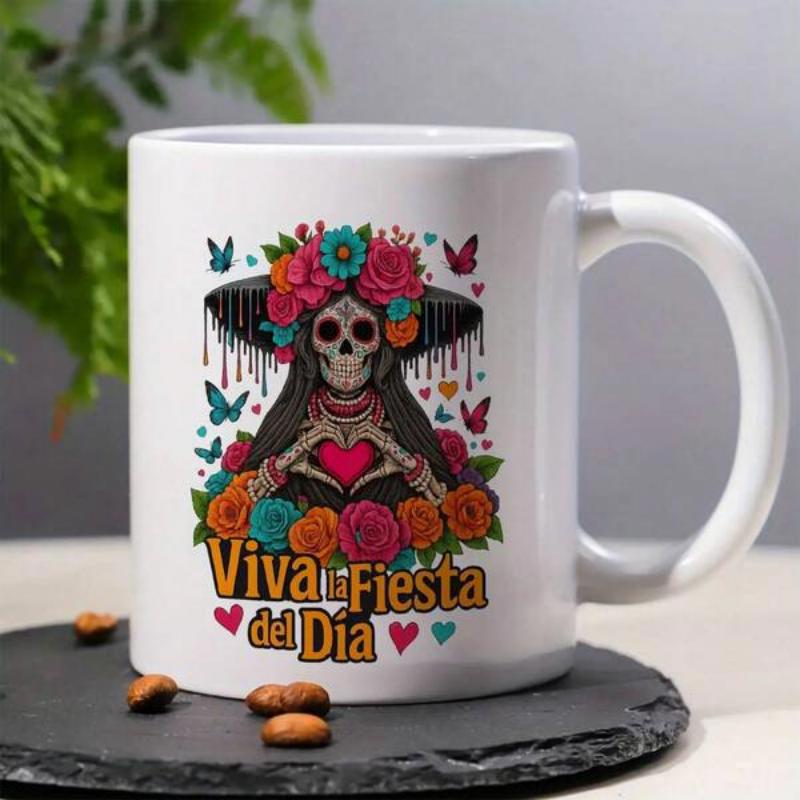 Tailorly White Ceramic 11 oz Mug - Vibrant Floral Skeleton Wearing Wide Hat With Butterflies And Heart Motifs Skull