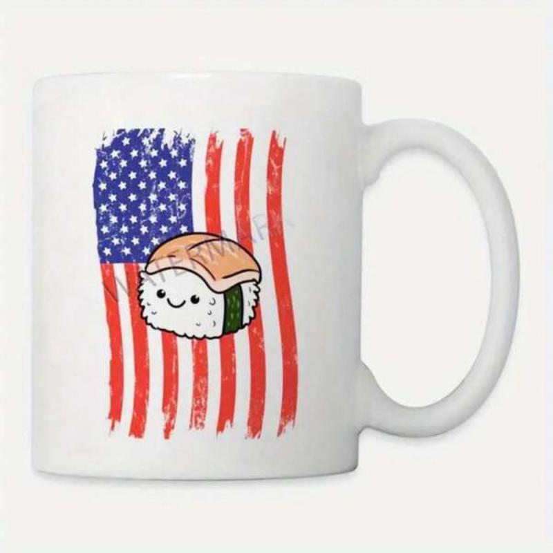 Tailorly White Ceramic 11 oz Mug - Distressed American Flag Pattern Featuring A Cute Smiling Kawaii Salmon Sushi