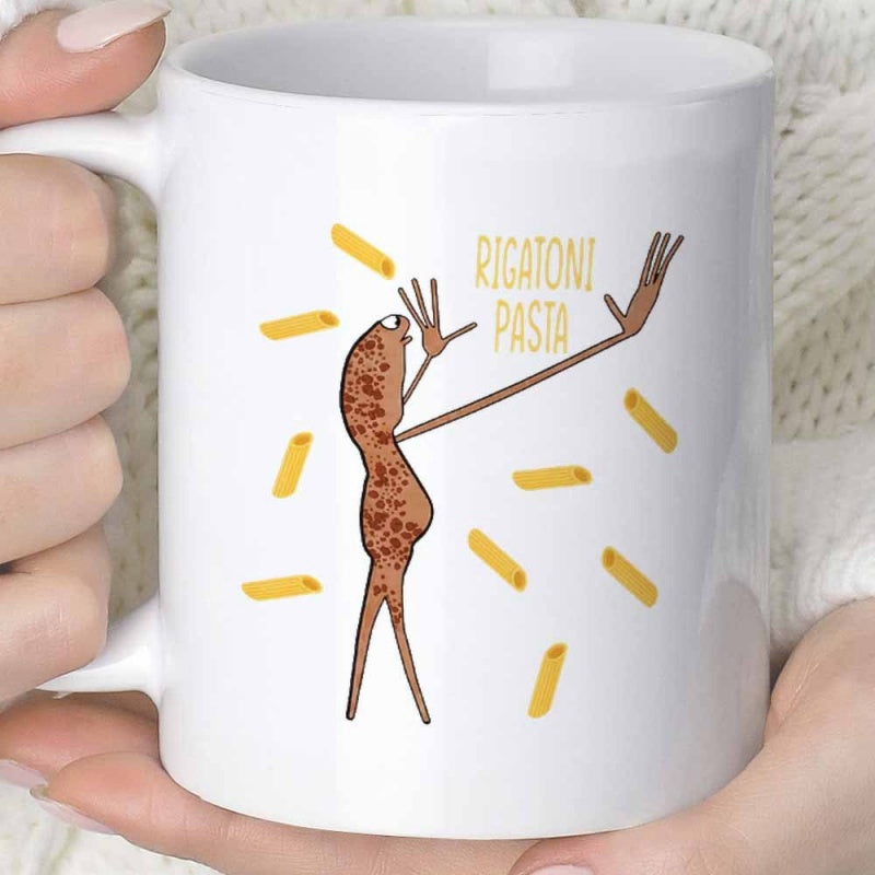 Tailorly White Ceramic 11 oz Mug - Rigatoni Pasta Tall Whimsical Brown Figure Reaching Towards Floating Yellow Noodles Character