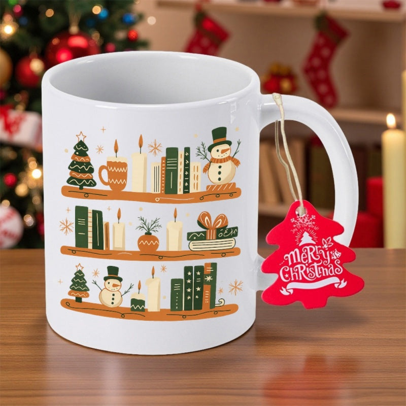 Tailorly White Ceramic 11 oz Mug - Merry Christmas Cozy Festive Elements On Wooden Shelves With Snowmen And Candles Bookshelf