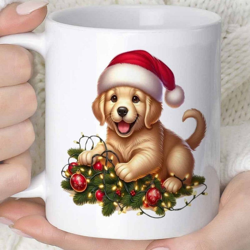 Tailorly White Ceramic 11 oz Mug - Festive Golden Retriever Wearing Red Santa Hat Among Sparkling Christmas Lights Puppy