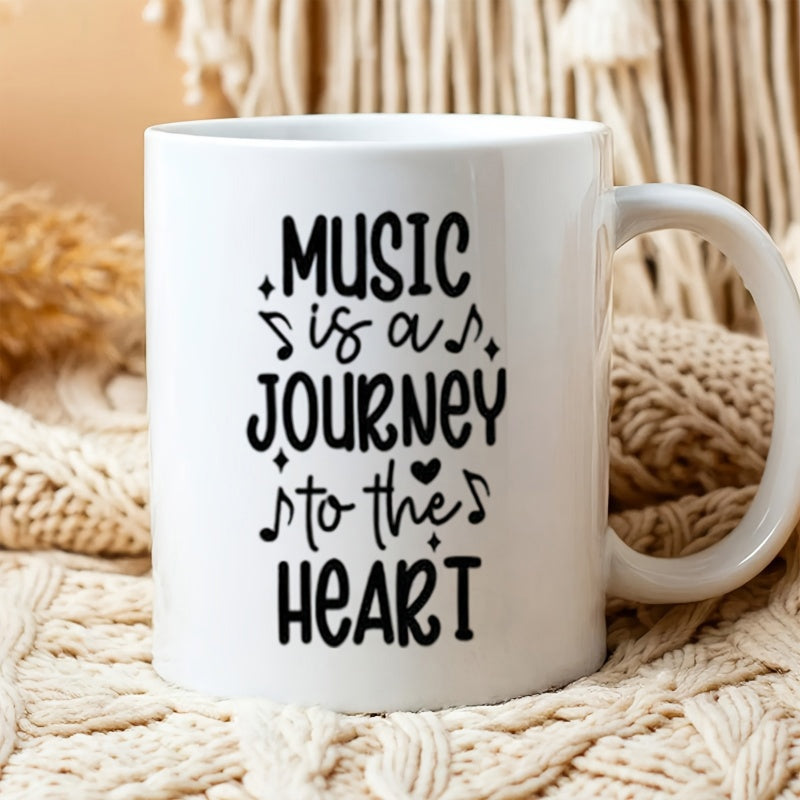 Tailorly White Ceramic 11 oz Mug - Music Is A Journey To The Heart Elegant Musical Notes Dancing Among Delicate Twinkling Decorative Stars Heart