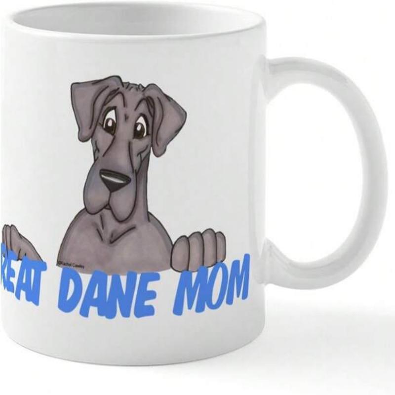 Tailorly White Ceramic 11 oz Mug - Great Dane Mom Friendly Cartoon Grey Dog Peeking Over Bold Blue Text Graphics Great Dane