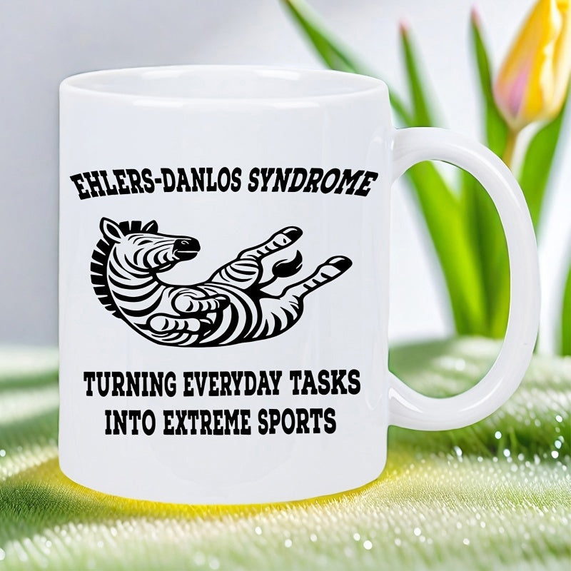 Tailorly White Ceramic 11 oz Mug - Ehlers Danlos Syndrome Turning Everyday Tasks Into Extreme Sports Whimsical Cartoon Striped Animal Lying On Its Back With Hooves