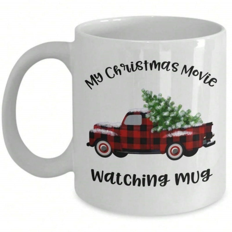 Tailorly White Ceramic 11 oz Mug - My Christmas Movie Watching Mug Classic Red Plaid Vintage Truck Carrying A Snowy Pine Tree Pickup