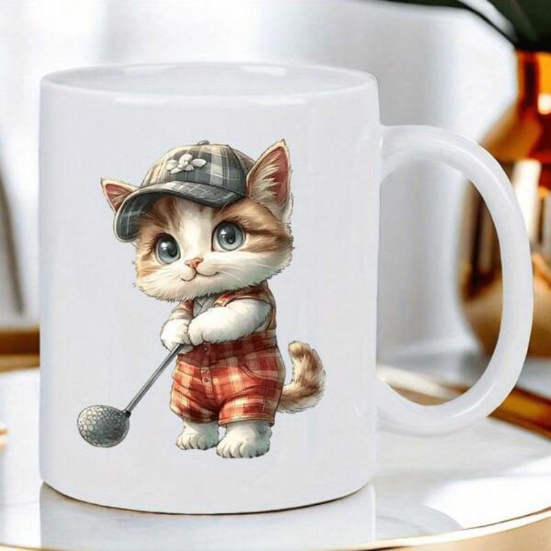Tailorly White Ceramic 11 oz Mug - Adorable Kitten Wearing Plaid Cap And Overalls Playing Golf With A Club Cat