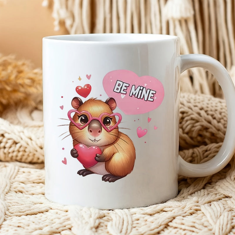 Tailorly White Ceramic 11 oz Mug - Be Mine Adorable Cartoon Rodent Wearing Pink Heart Shaped Glasses Holding A Heart Capybara