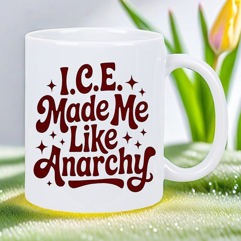 Tailorly White Ceramic 11 oz Mug - Ice Made Me Like Anarchy Retro Style Dark Red Wavy Typography Surrounded By Shimmering Delicate Sparkle Slogan