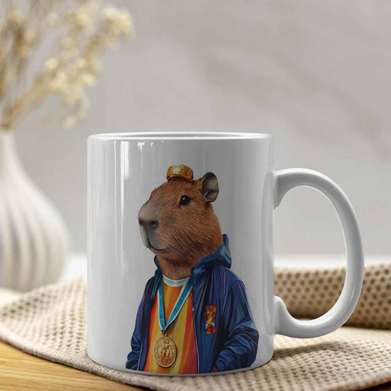 Tailorly White Ceramic 11 oz Mug - Cool Character Wearing Blue Hoodie And Shiny Gold Medal Athletic Capybara