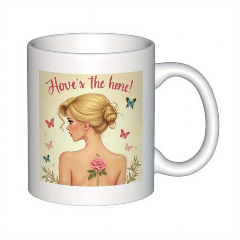 Tailorly White Ceramic 11 oz Mug - Loves The Home Elegant Blonde Lady With Pink Rose And Flying Butterflies Woman
