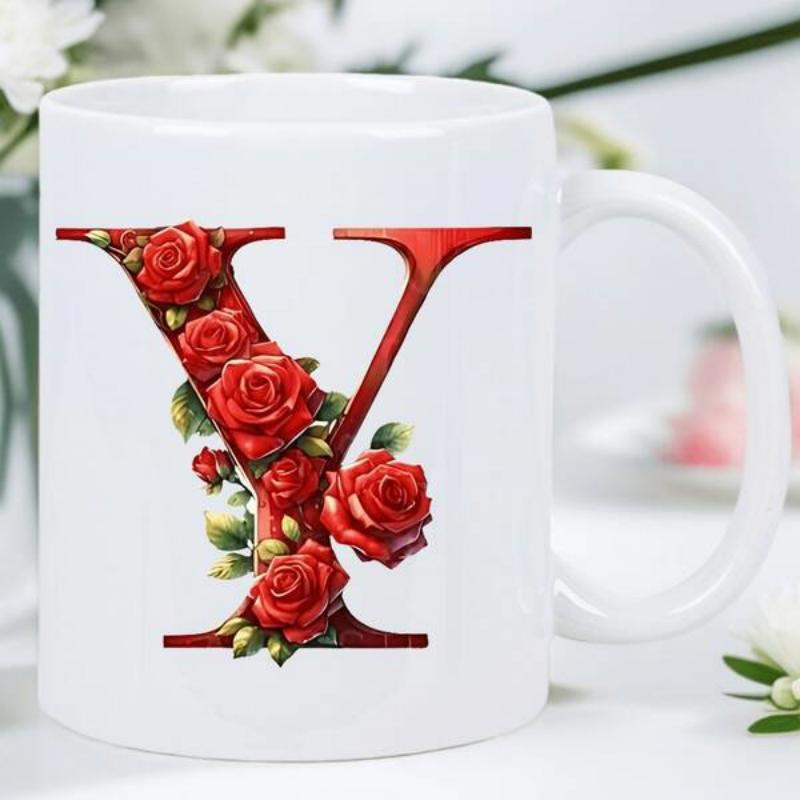 Tailorly White Ceramic 11 oz Mug - Y Elegant Red Roses And Green Leaves Blooming Within A Serene Letter