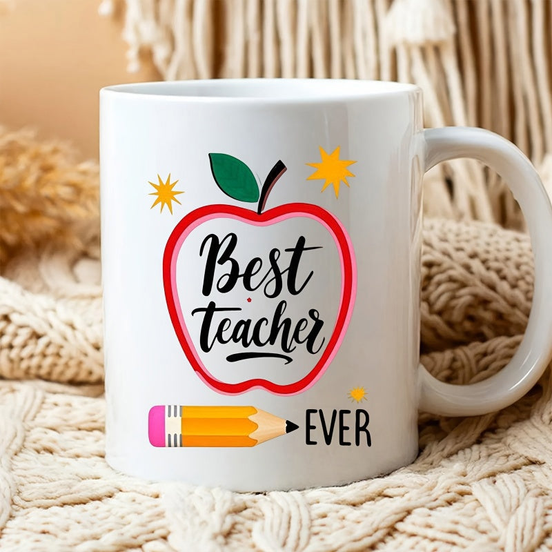 Tailorly White Ceramic 11 oz Mug - Best Teacher Ever Vibrant Red Outline Apple With Green Leaf And Pencil Apple