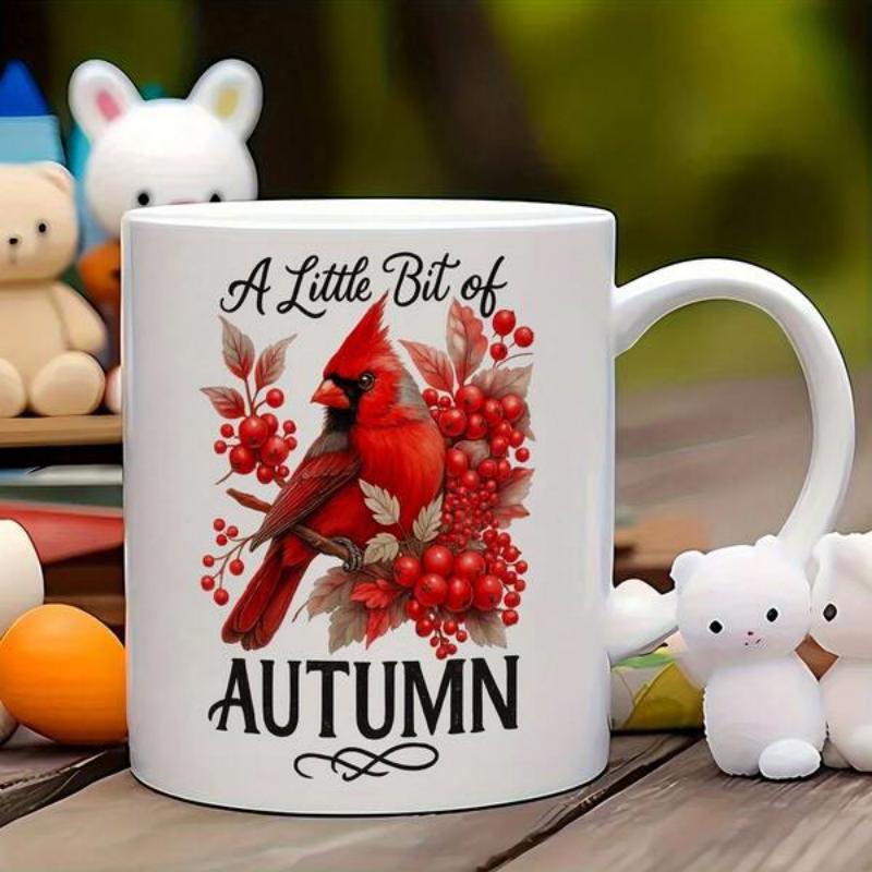 Tailorly White Ceramic 11 oz Mug - A Little Bit Of Autumn Vibrant Red Cardinal Perched On Branches Among Berries And Leaves Cardinal