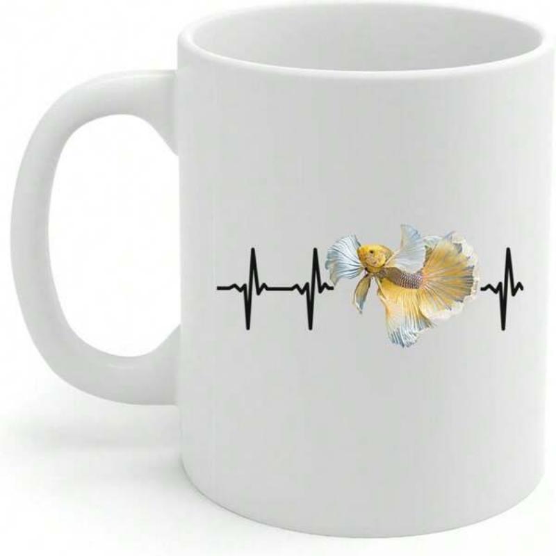 Tailorly White Ceramic 11 oz Mug - Vibrant Golden Betta Fish Swimming Along A Minimalist Black Pulse Line Betta Fish