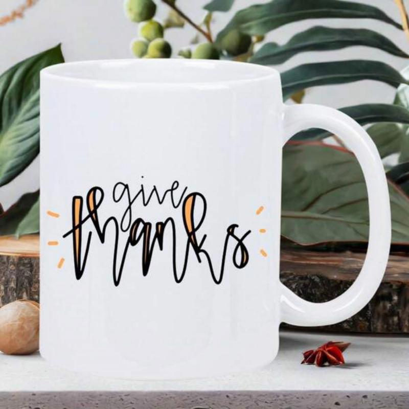 Tailorly White Ceramic 11 oz Mug - Give Thanks Minimalist Handwritten Script Featuring Small Orange Decorative Radiant Lines Typography