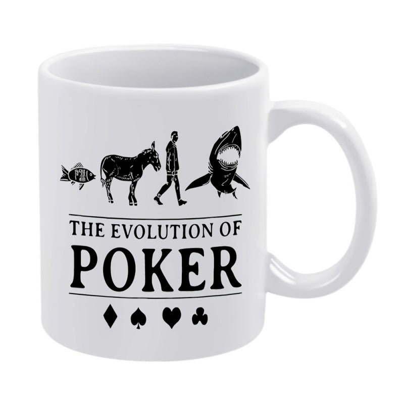 Tailorly White Ceramic 11 oz Mug - The Evolution Of Poker Minimalist Black Animal Silhouettes Progressing Across White Surface Poker