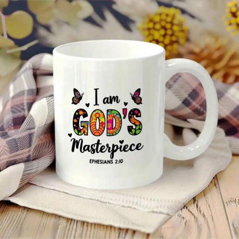 Tailorly White Ceramic 11 oz Mug - I Am Gods Masterpiece Ephesians 2 10 Colorful Decorative Floral Patterned Text Surrounded By Flying Butterflies