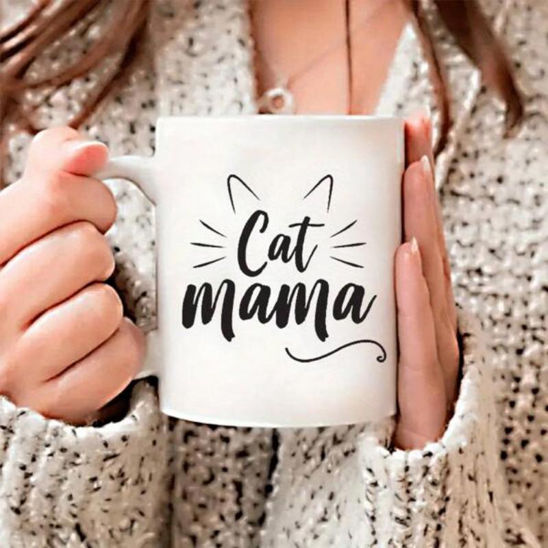 Tailorly White Ceramic 11 oz Mug - Cat Mama Minimalist Artistic Hand Lettered Script With Cute Feline Features Cat