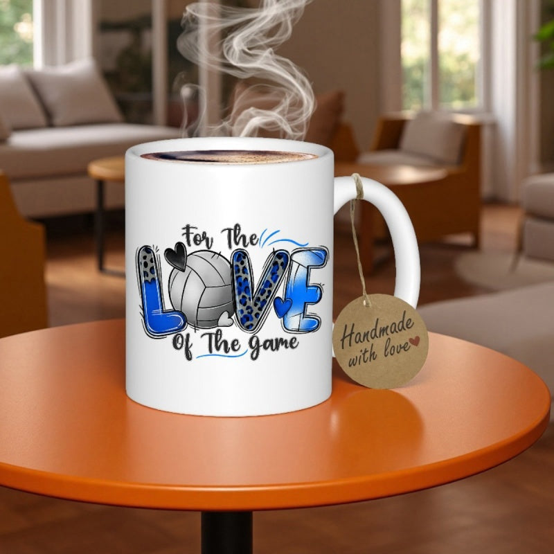 Tailorly White Ceramic 11 oz Mug - For The Love Of The Game Stylized Artistic Blue Patterned Letters With A Realistic Volleyball