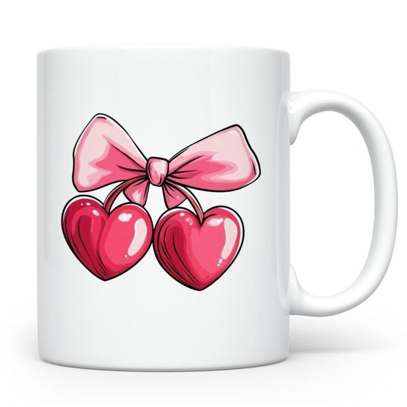 Tailorly White Ceramic 11 oz Mug - Charming Pink Ribbon Bow Holding Two Glossy Red Cherry Shaped Hearts