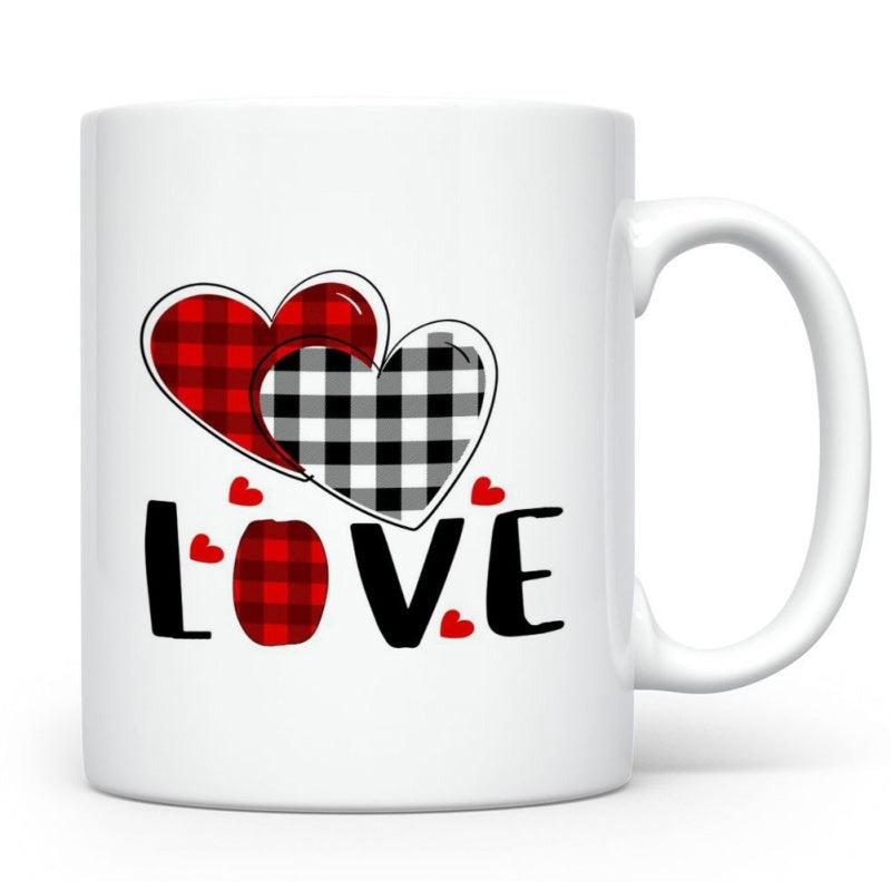 Tailorly White Ceramic 11 oz Mug - Love Red And Black Buffalo Plaid Overlapping With Small Scattered Red Heart