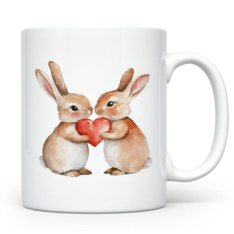 Tailorly White Ceramic 11 oz Mug - Two Adorable Watercolor Bunnies Holding A Small Red Heart Together Rabbit